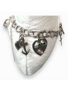 Vintage Forstner Charm Bracelet With Heart & Cross Charms And Pink Stone Accent